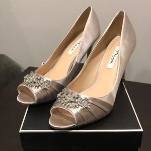 Nina”Rumina” silver satin peep toe pump
